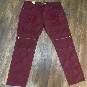 FOCUS Frayed Zip Denim Jeans (Red)